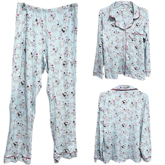 Bedhead Women Fancy Elephant Pajama Set Medium Blue Organic Sleepwear PJs Hearts - Picture 1 of 13